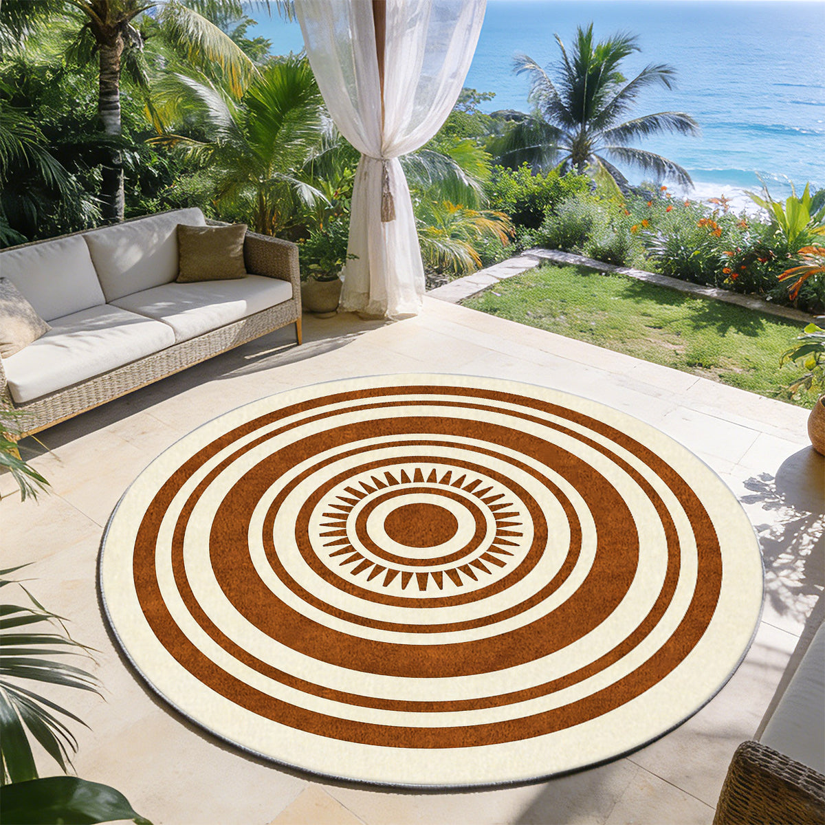 Tapis rond crème et rouille à anneaux concentriques larges