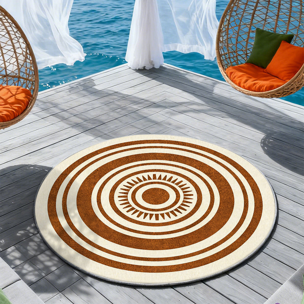Tapis rond crème et rouille à anneaux concentriques larges