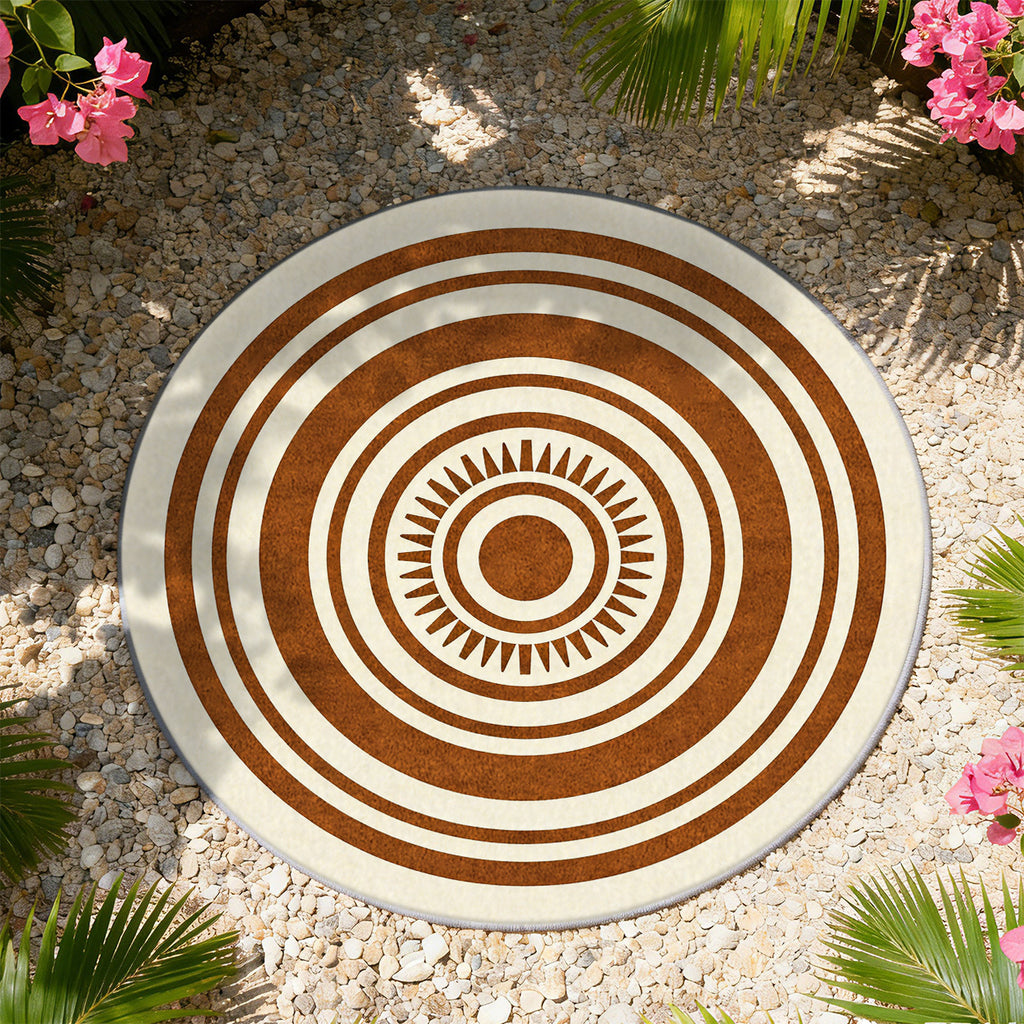 Tapis rond crème et rouille à anneaux concentriques larges
