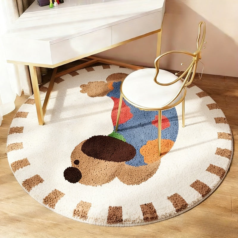 Tapis rond crème à teckel en pull, bordure à traits bruns