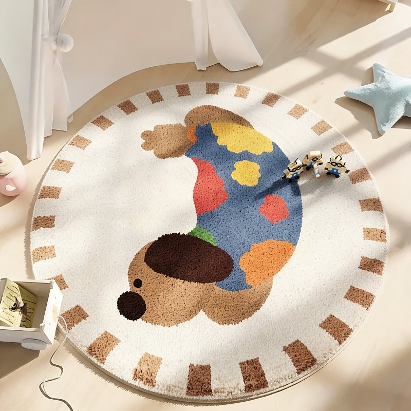 Tapis rond crème à teckel en pull, bordure à traits bruns