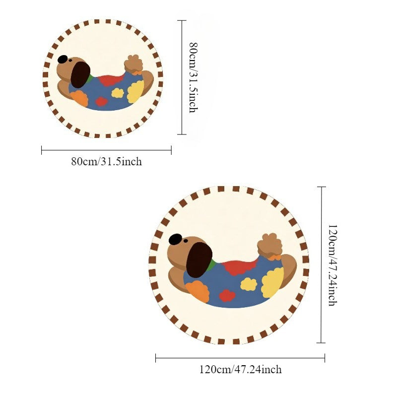 Tapis rond crème à teckel en pull, bordure à traits bruns