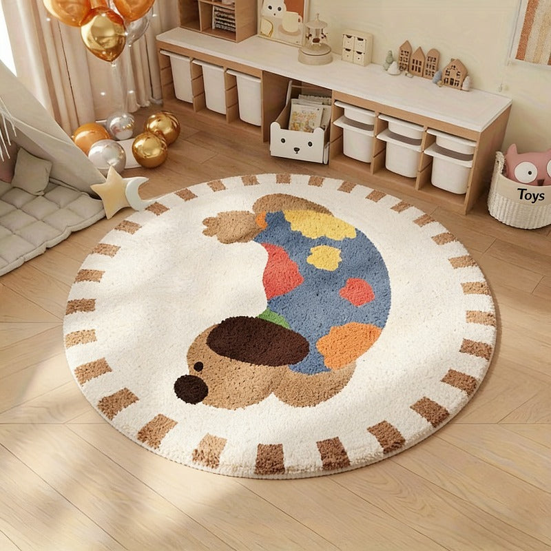 Tapis rond crème à teckel en pull, bordure à traits bruns