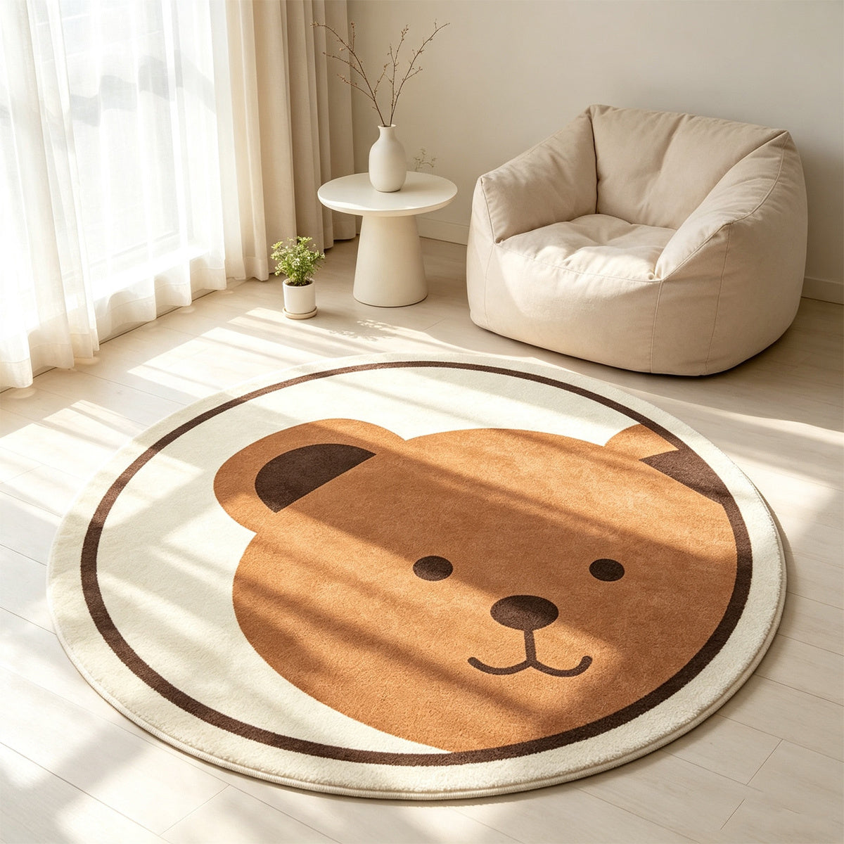 Tapis rond crème à grande tête d'ours brun, 3 diamètres