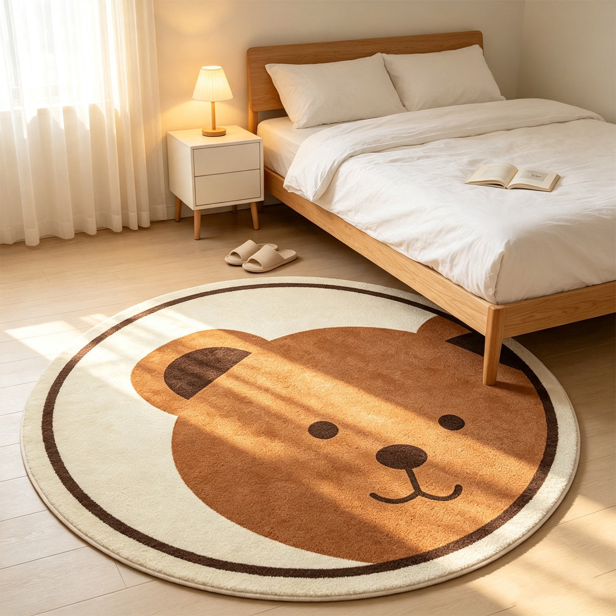 Tapis rond crème à grande tête d'ours brun, 3 diamètres