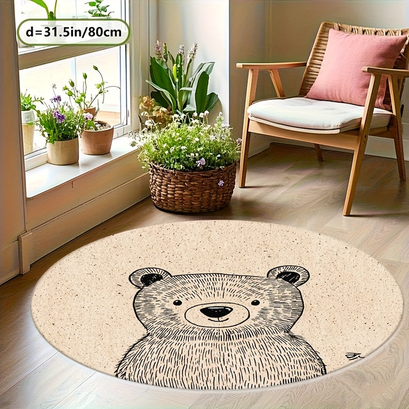 Grande tête d'ours au trait sur tapis rond crème, 5 tailles