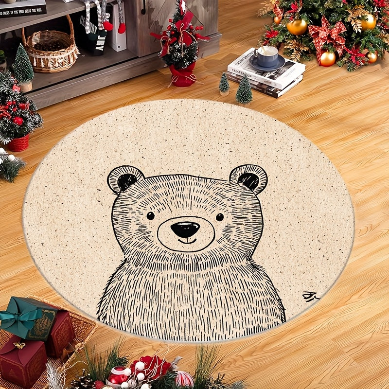 Grande tête d'ours au trait sur tapis rond crème, 5 tailles