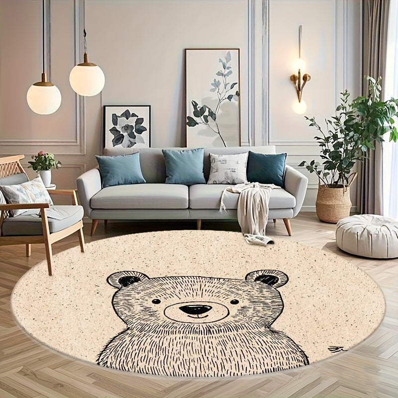 Grande tête d'ours au trait sur tapis rond crème, 5 tailles