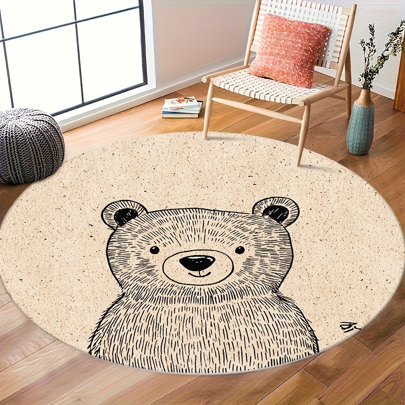 Grande tête d'ours au trait sur tapis rond crème, 5 tailles
