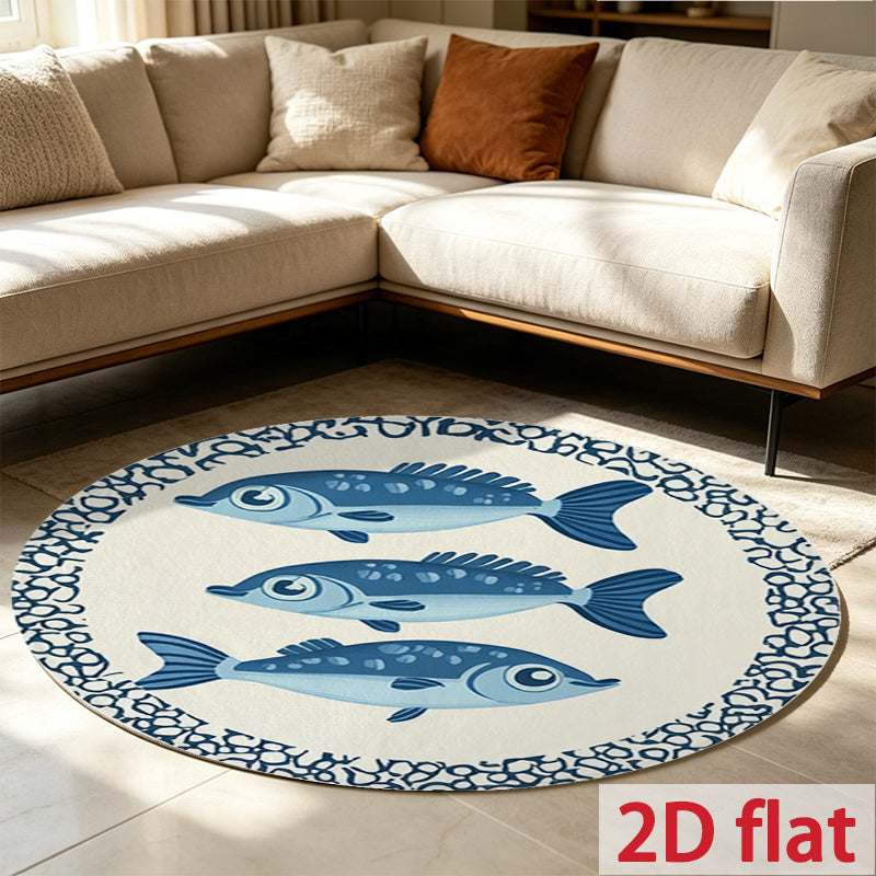 Tapis rond crème à trois poissons bleus, bordure mosaïque
