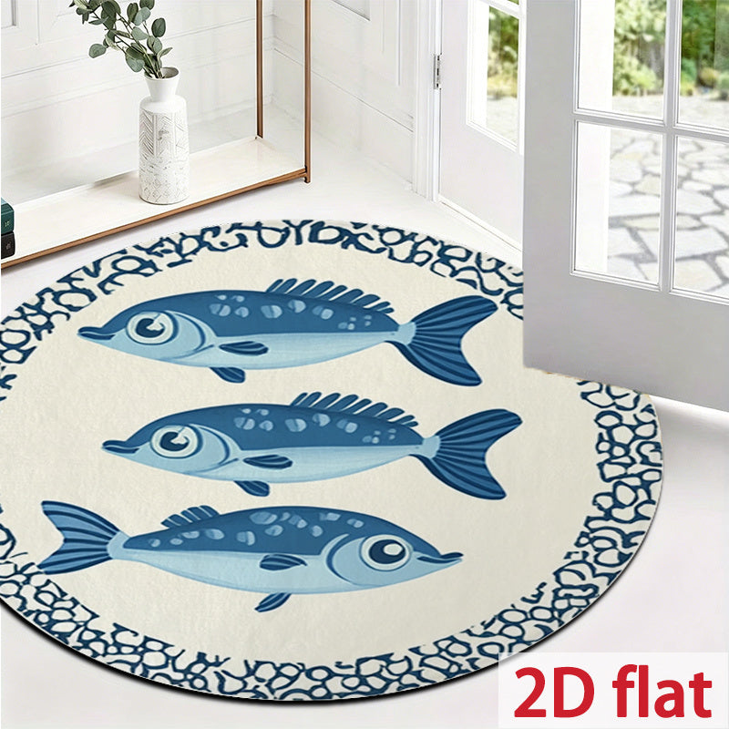 Tapis rond crème à trois poissons bleus, bordure mosaïque