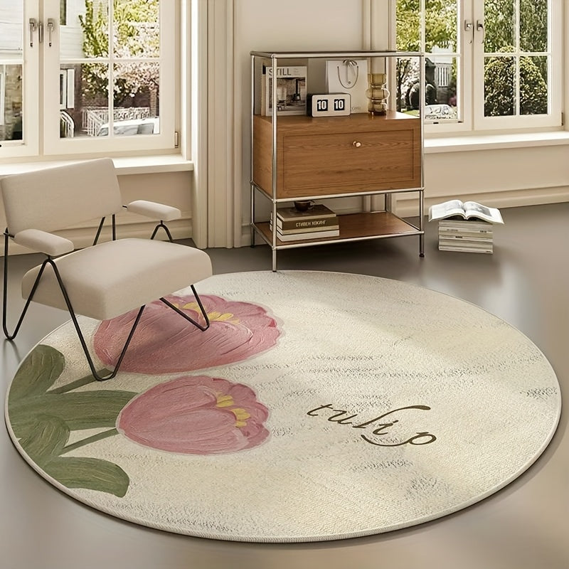 Tapis rond crème à tulipes roses peintes, tissage ras plat