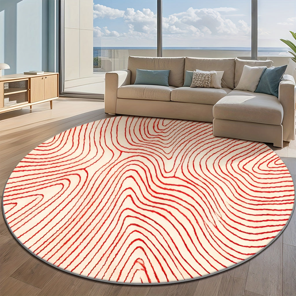 Tapis rond crème à grandes vagues vermillon, dos à points