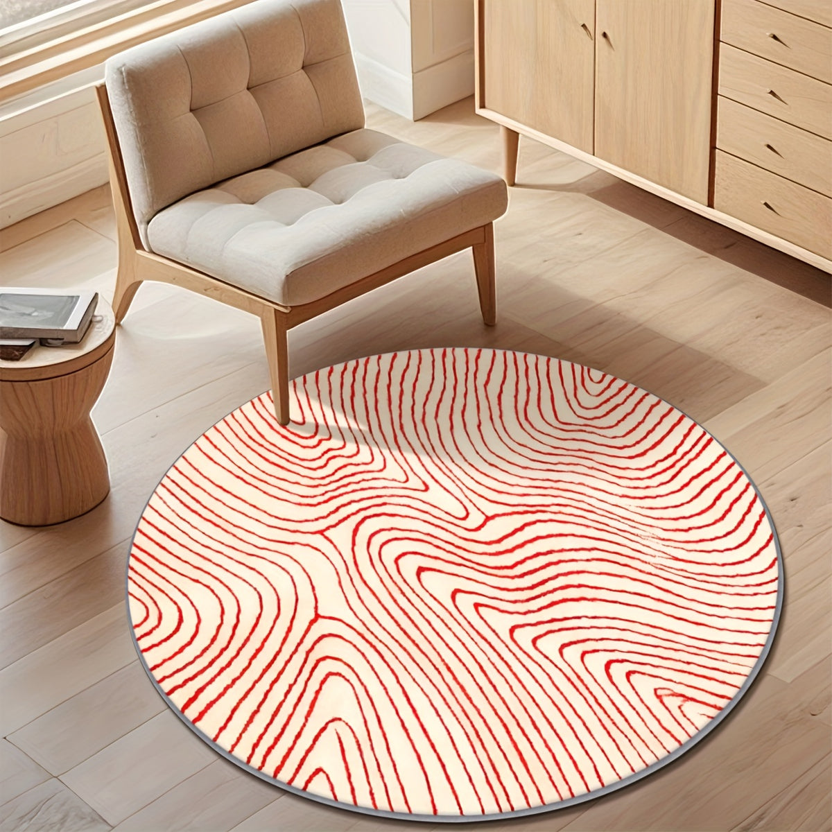 Tapis rond crème à grandes vagues vermillon, dos à points