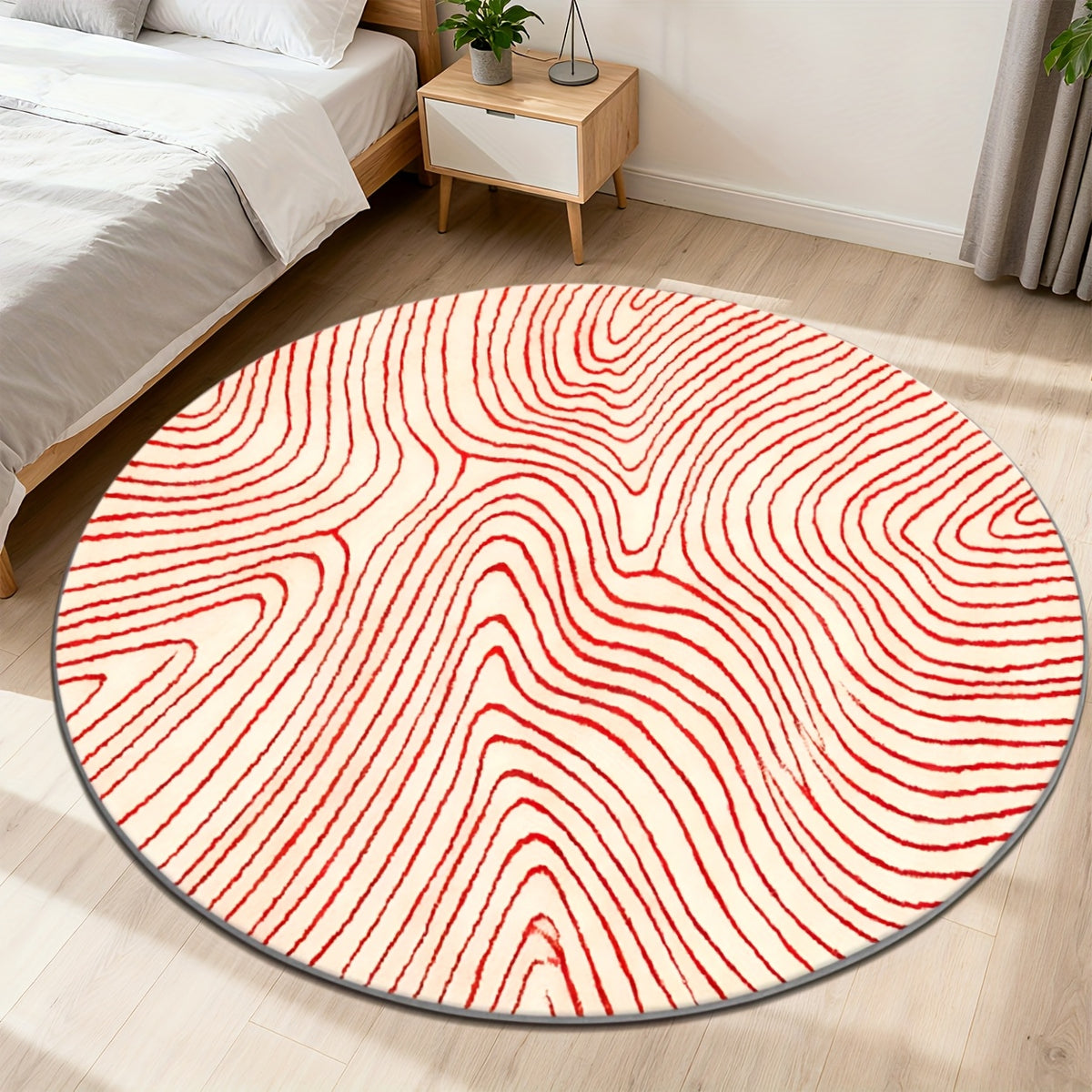 Tapis rond crème à grandes vagues vermillon, dos à points