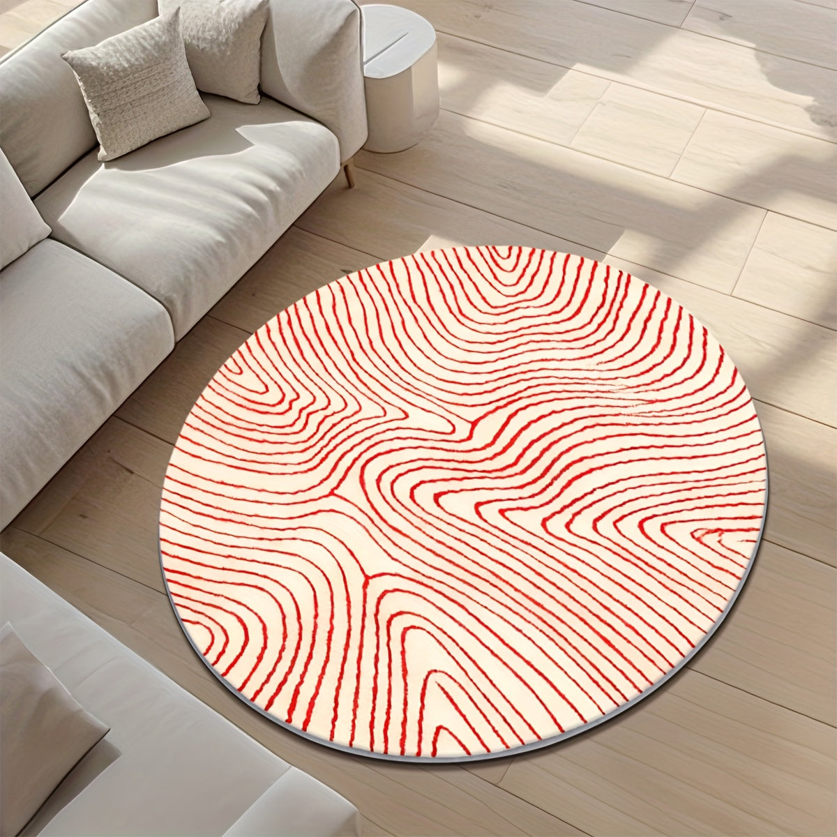 Tapis rond crème à grandes vagues vermillon, dos à points