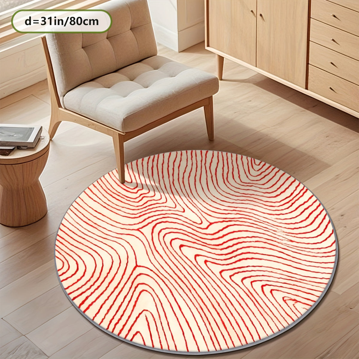 Tapis rond crème à grandes vagues vermillon, dos à points