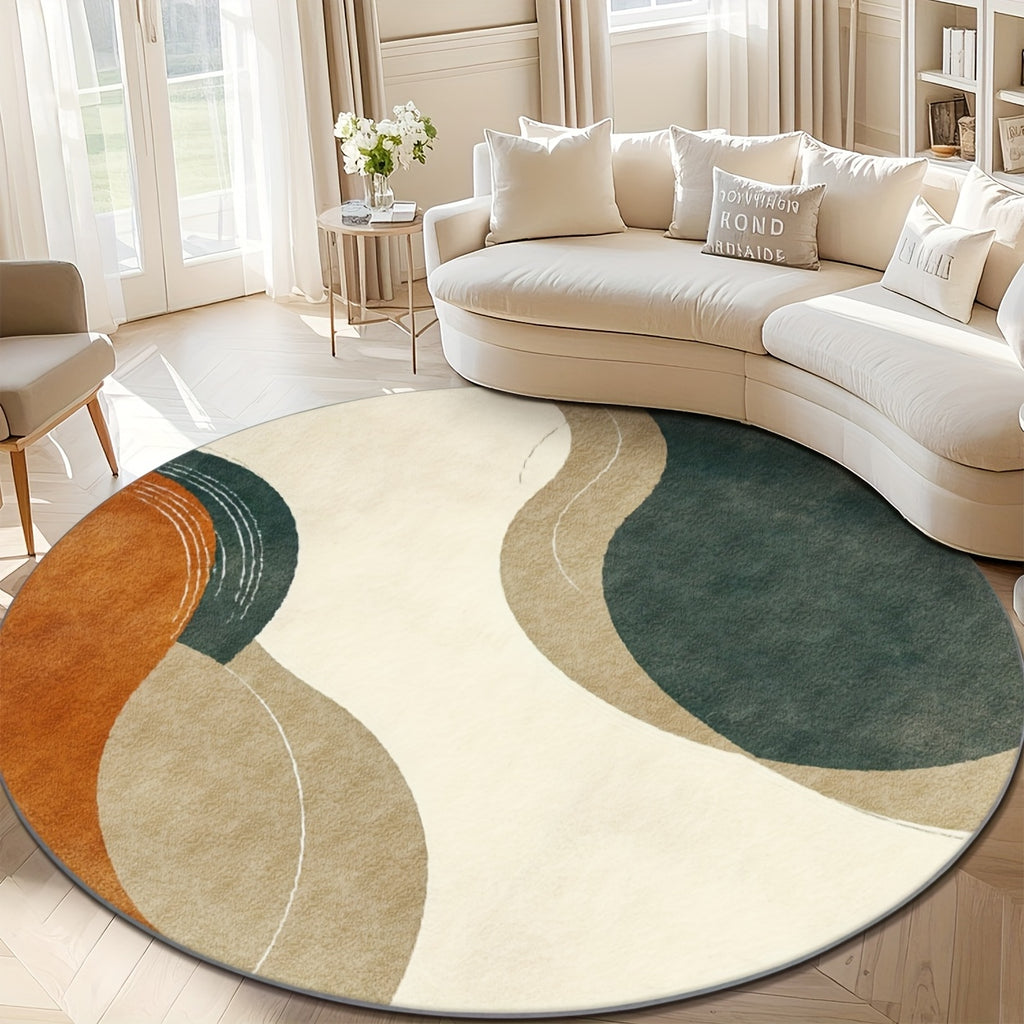 Tapis rond beige et vert, aplats courbes, sept diamètres