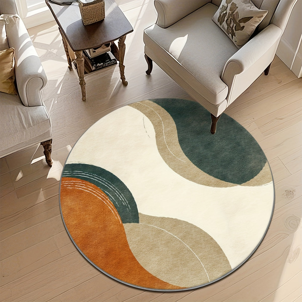 Tapis rond beige et vert, aplats courbes, sept diamètres