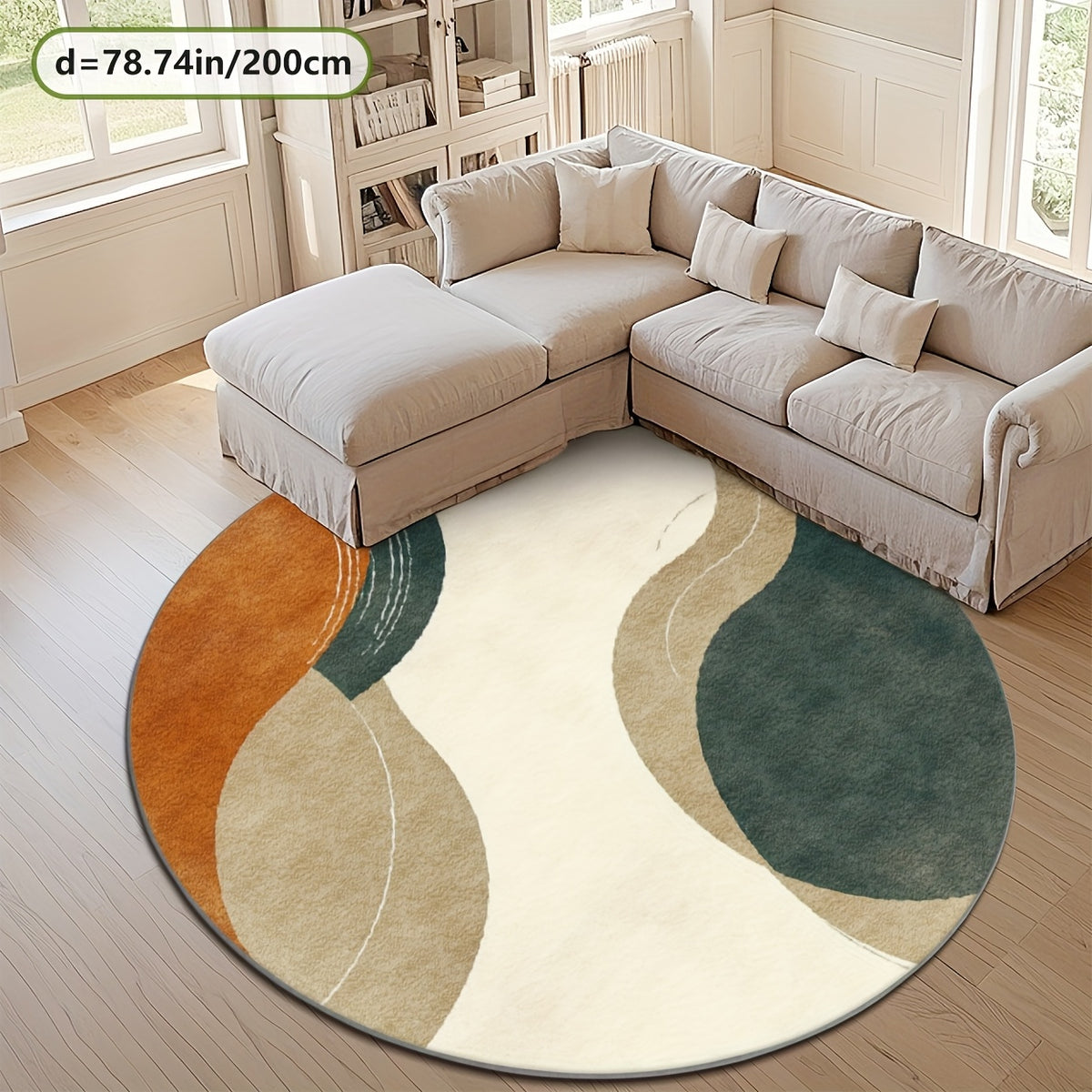 Tapis rond beige et vert, aplats courbes, sept diamètres