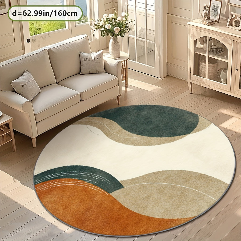 Tapis rond beige et vert, aplats courbes, sept diamètres