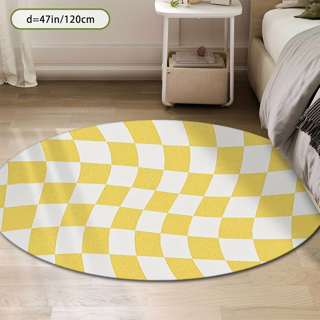 Tapis rond damier jaune et blanc déformé, Ø 120 ou 200 cm