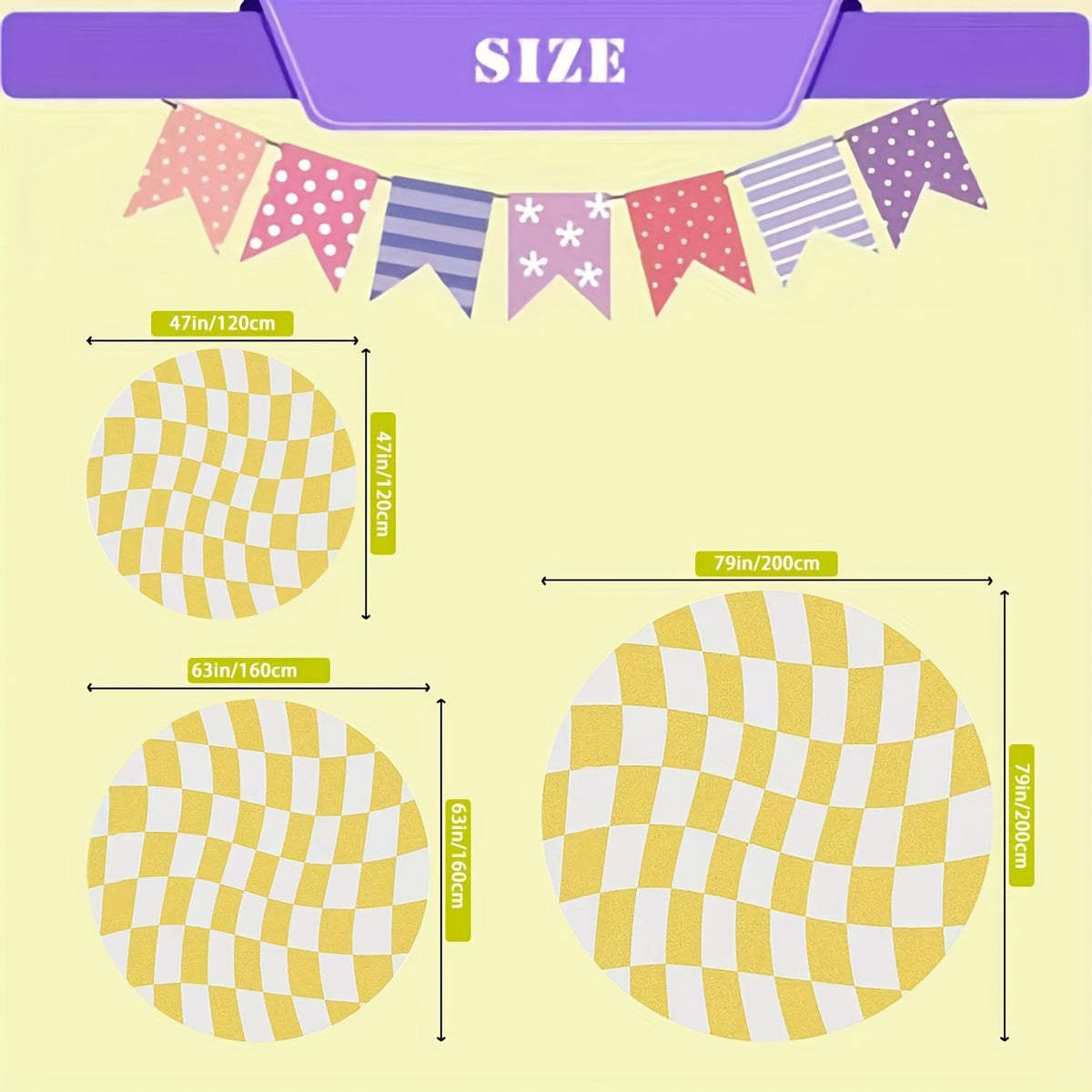 Tapis rond damier jaune et blanc déformé, Ø 120 ou 200 cm