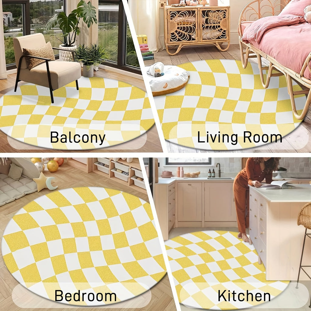 Tapis rond damier jaune et blanc déformé, Ø 120 ou 200 cm