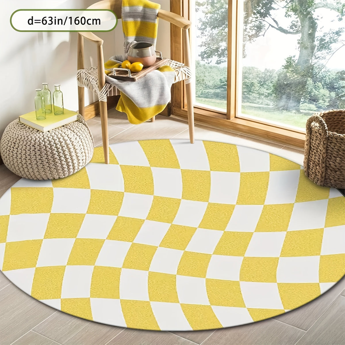 Tapis rond damier jaune et blanc déformé, Ø 120 ou 200 cm