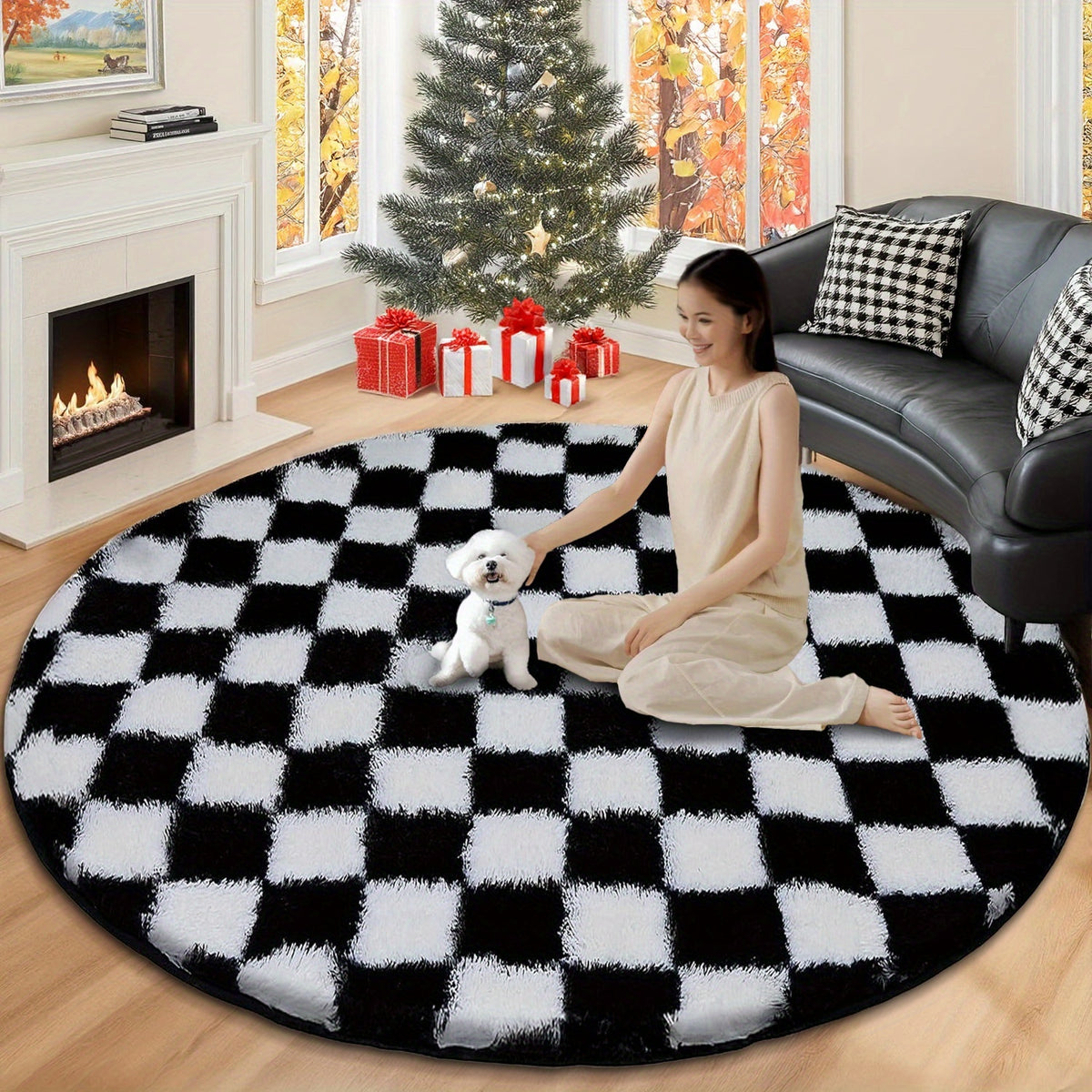 Tapis rond damier noir et blanc, poils 2,5 cm, jusqu'à 200 cm