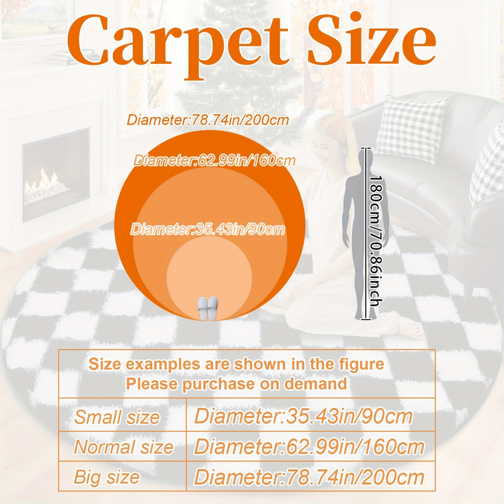 Tapis rond damier noir et blanc, poils 2,5 cm, jusqu'à 200 cm