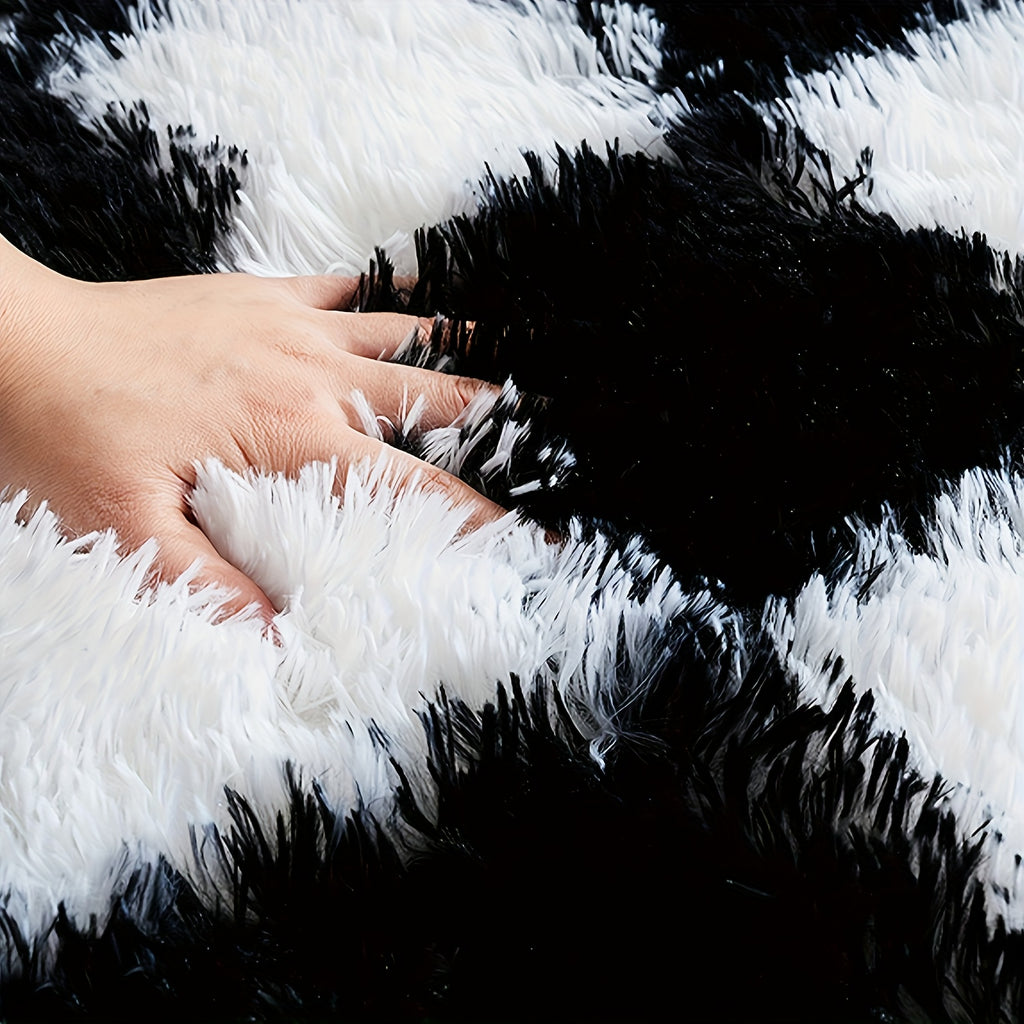 Tapis rond damier noir et blanc, poils 2,5 cm, jusqu'à 200 cm