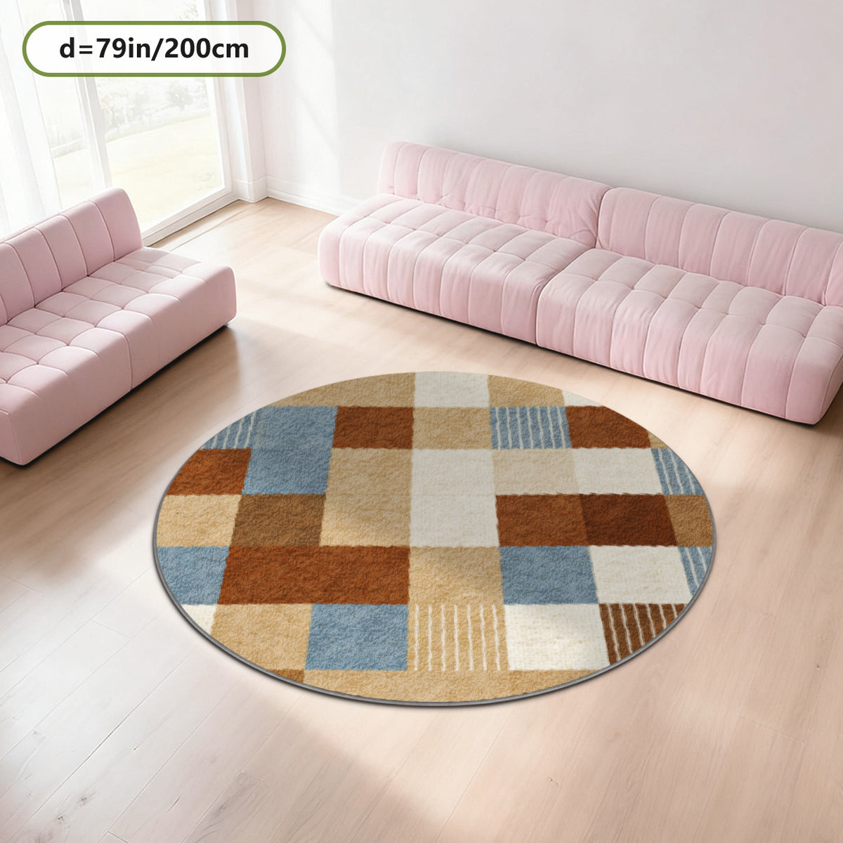 Tapis rond patchwork terre cuite, camel et bleu ardoise, 3 tailles