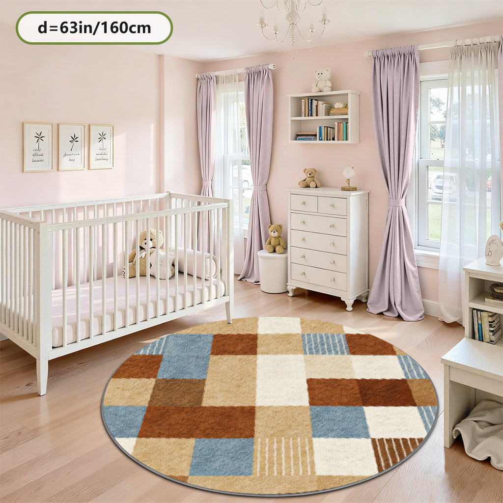 Tapis rond patchwork terre cuite, camel et bleu ardoise, 3 tailles