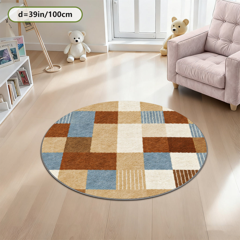 Tapis rond patchwork terre cuite, camel et bleu ardoise, 3 tailles