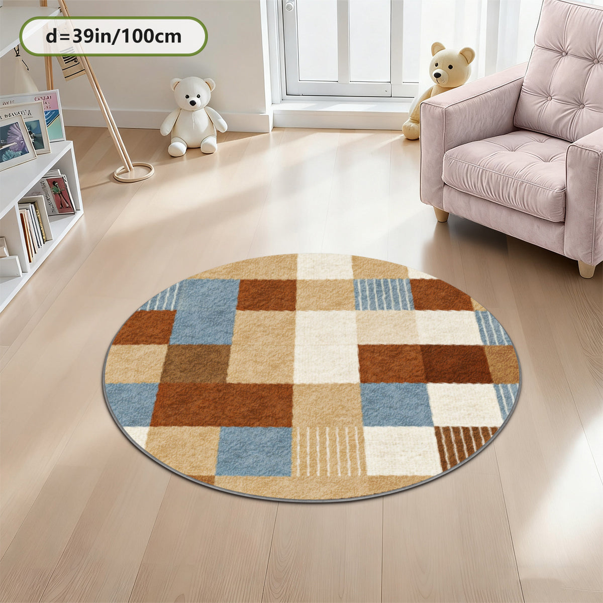 Tapis rond patchwork terre cuite, camel et bleu ardoise, 3 tailles