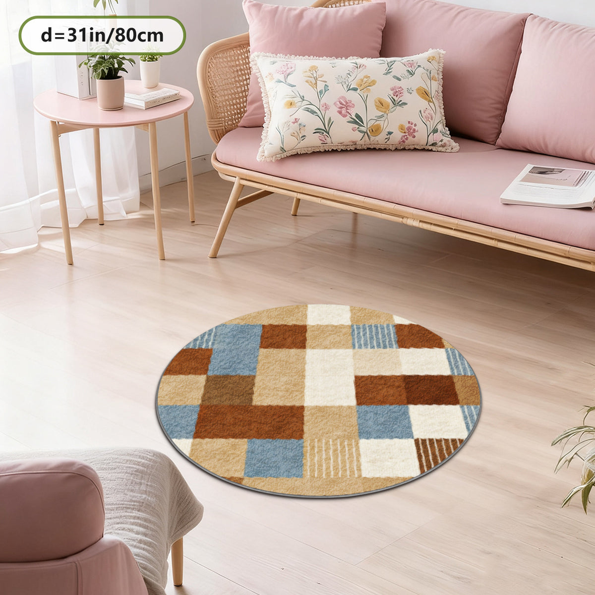 Tapis rond patchwork terre cuite, camel et bleu ardoise, 3 tailles