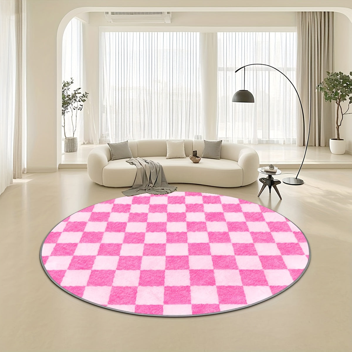 Tapis rond à damier rose et blanc, grandes cases, Ø 100 à 200
