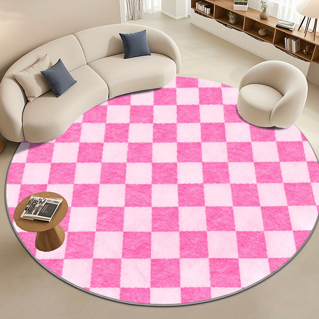 Tapis rond à damier rose et blanc, grandes cases, Ø 100 à 200