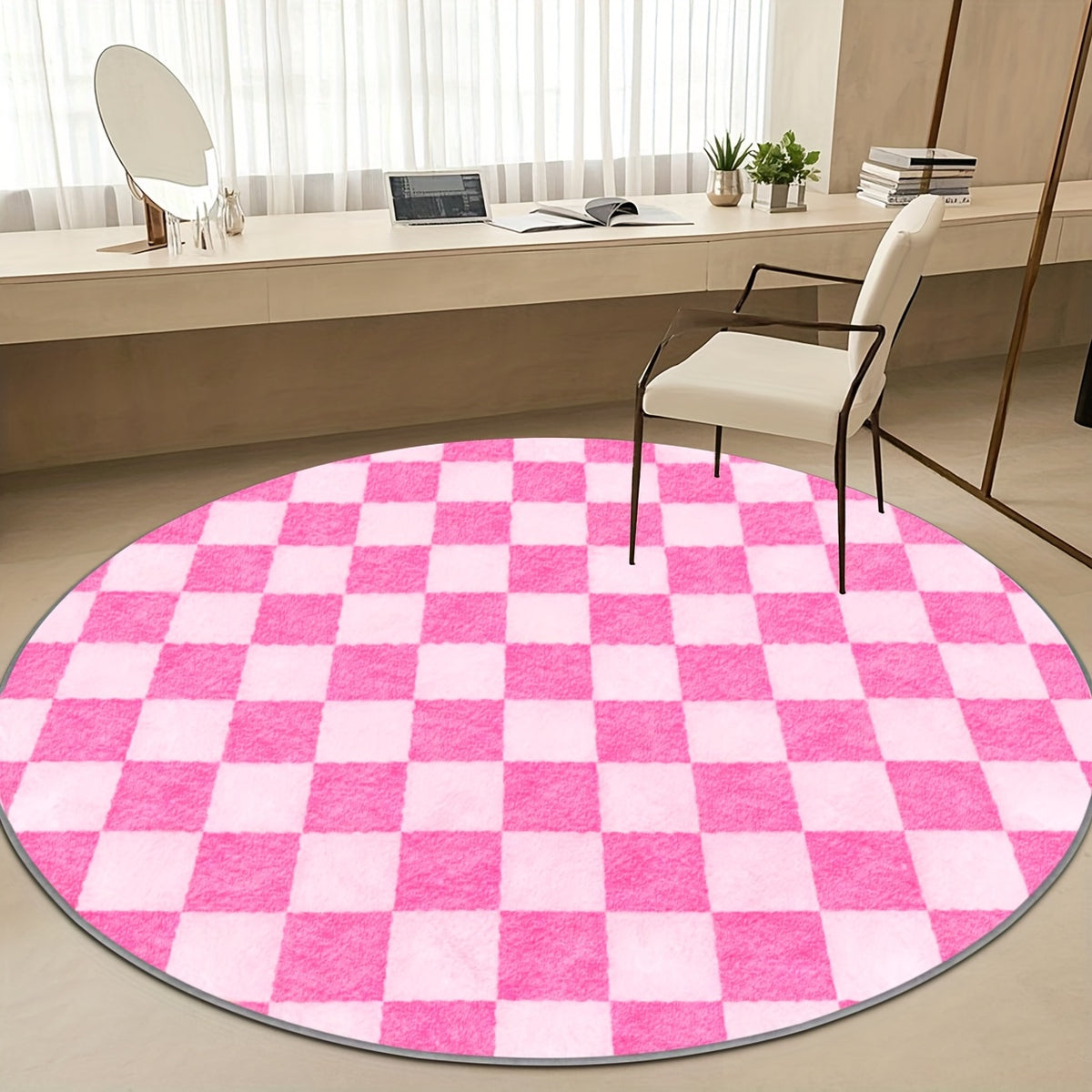 Tapis rond à damier rose et blanc, grandes cases, Ø 100 à 200