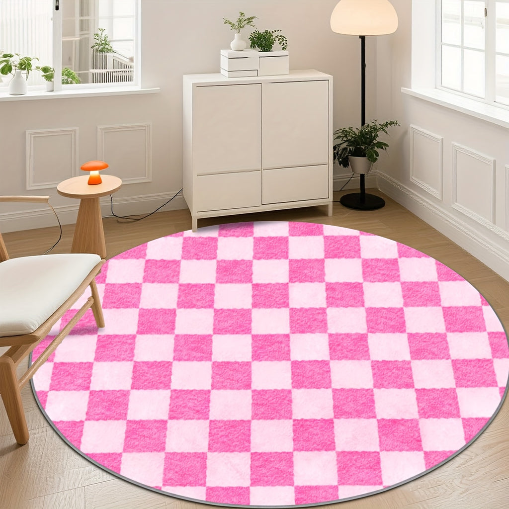 Tapis rond à damier rose et blanc, grandes cases, Ø 100 à 200