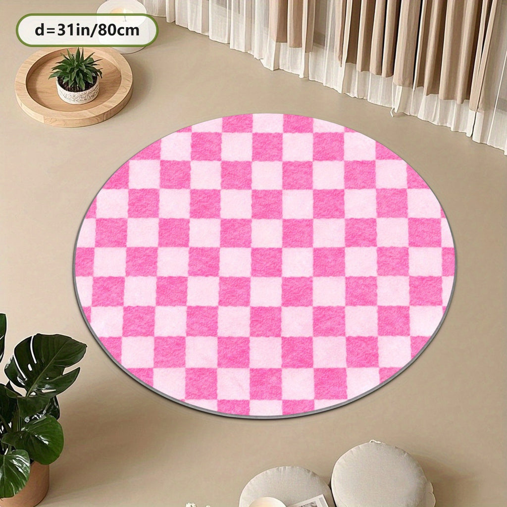 Tapis rond à damier rose et blanc, grandes cases, Ø 100 à 200