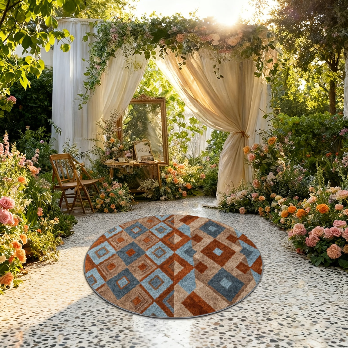 Tapis rond totem terracotta et bleu ardoise, Ø 80 à 200 cm