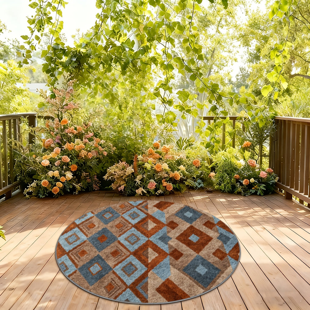 Tapis rond totem terracotta et bleu ardoise, Ø 80 à 200 cm