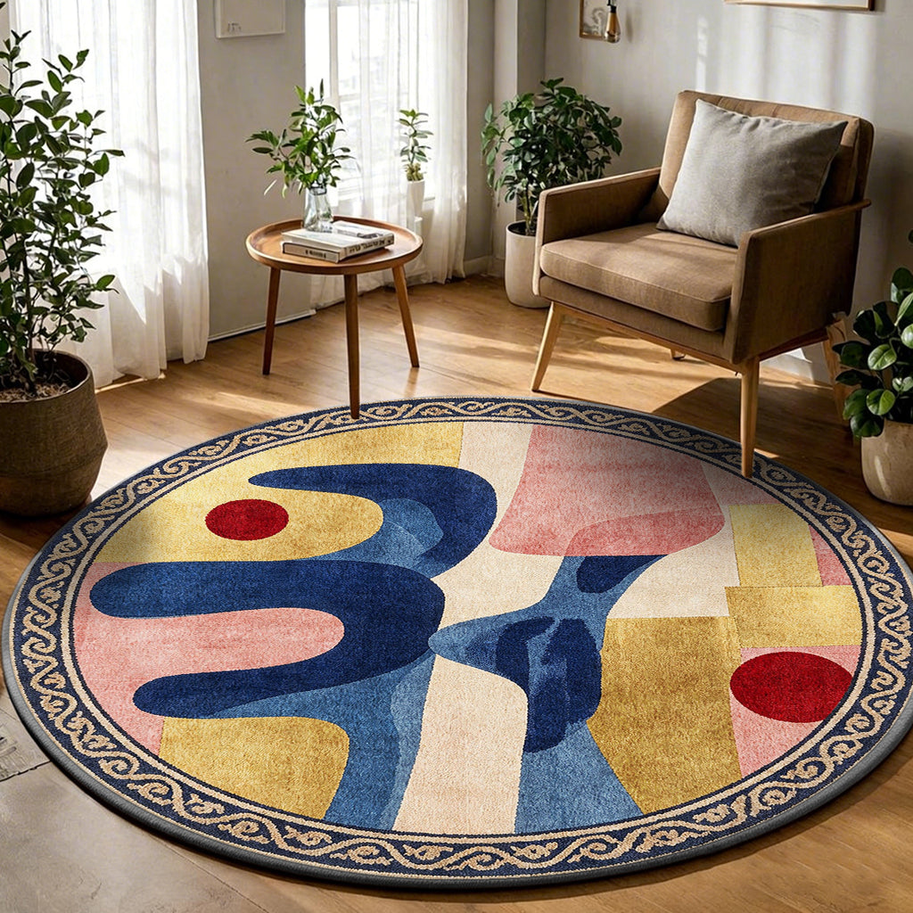 Tapis rond découpes bleu nuit et ocre, bordure à volutes