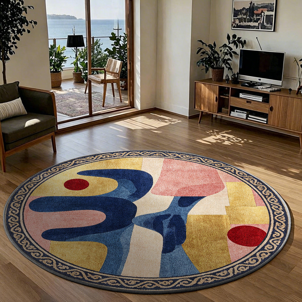 Tapis rond découpes bleu nuit et ocre, bordure à volutes