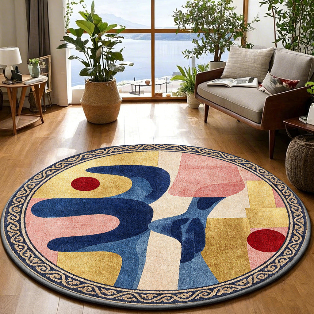 Tapis rond découpes bleu nuit et ocre, bordure à volutes