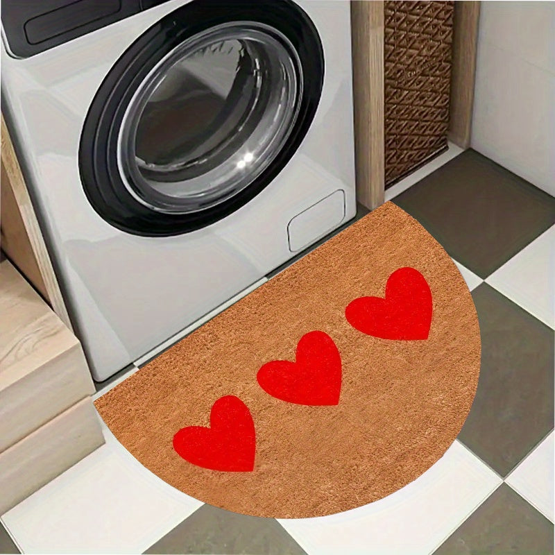 Tapis rond demi-lune aspect coco à trois grands cœurs rouges