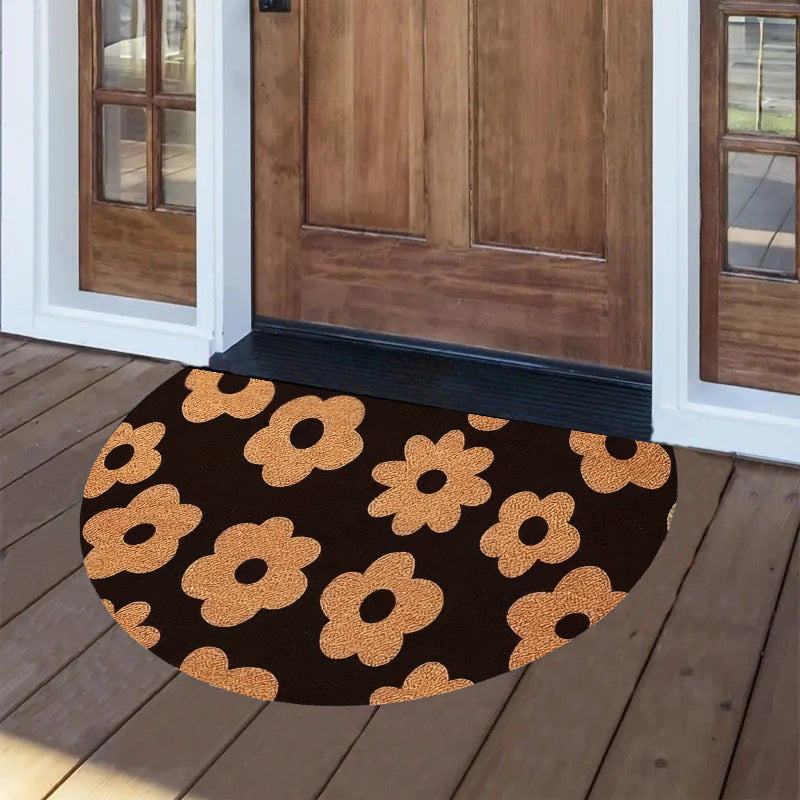 Tapis rond demi-lune noir à grandes marguerites couleur kraft