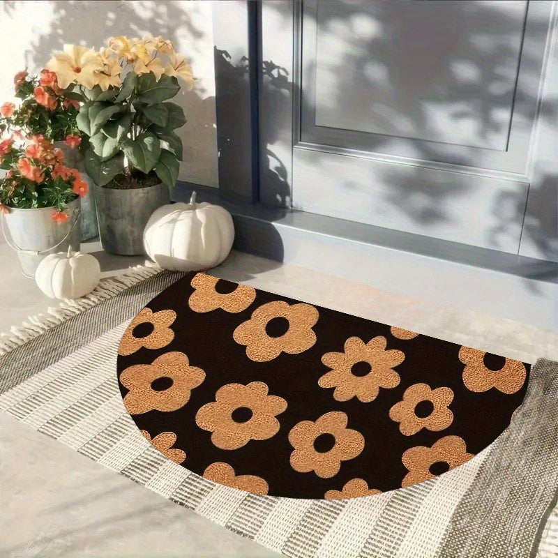 Tapis rond demi-lune noir à grandes marguerites couleur kraft